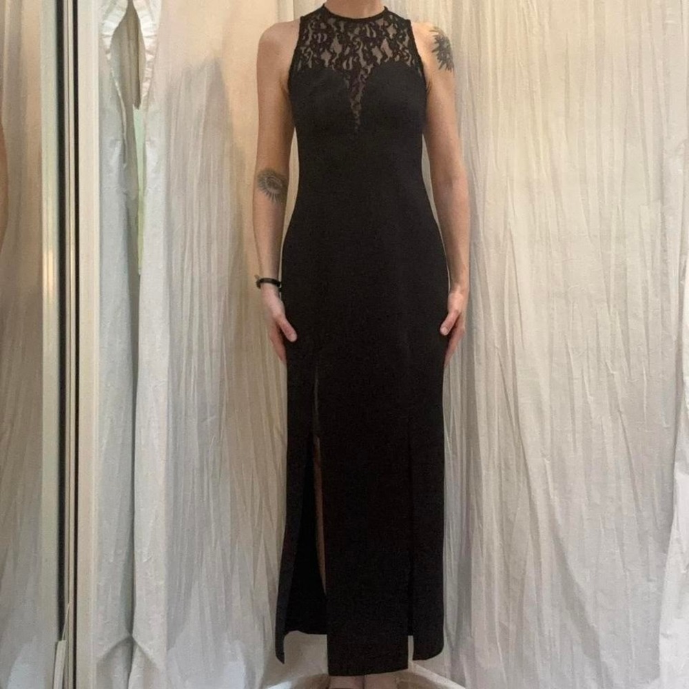 Black Lace Maxi Dress Vintage‎ 90s Jump Front Slits Formal Size XS Goth Y2K